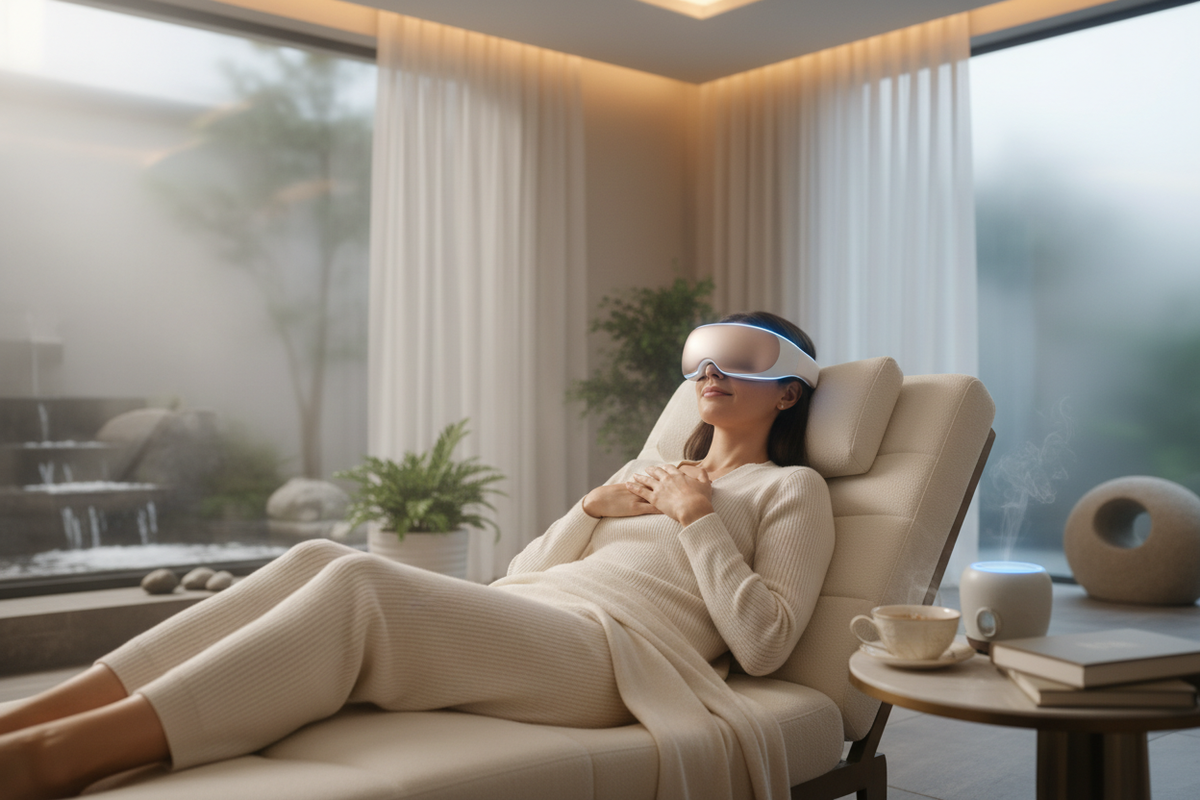 FEMME QUI SE REPOSE AVEC UN MASSEUR OCULAIRE