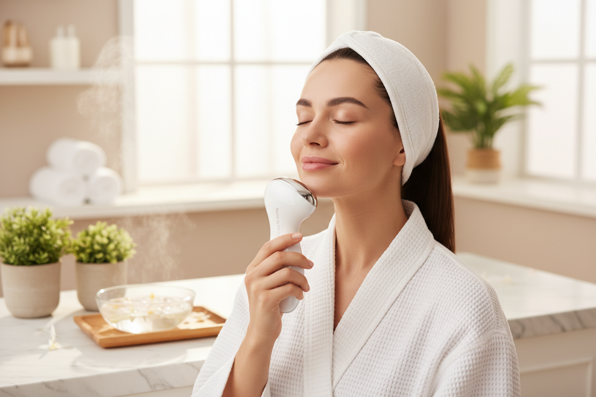 femme qui utlise le masseur de visage blanc 